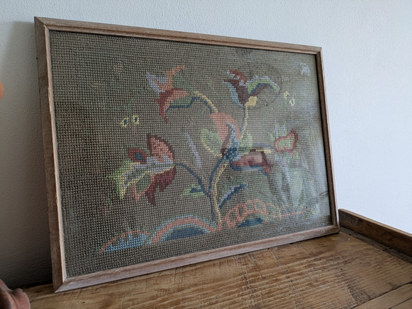 Vintage Antique Floral Tapestry Embroidery Cross Stitch Picture Framed Tree Life