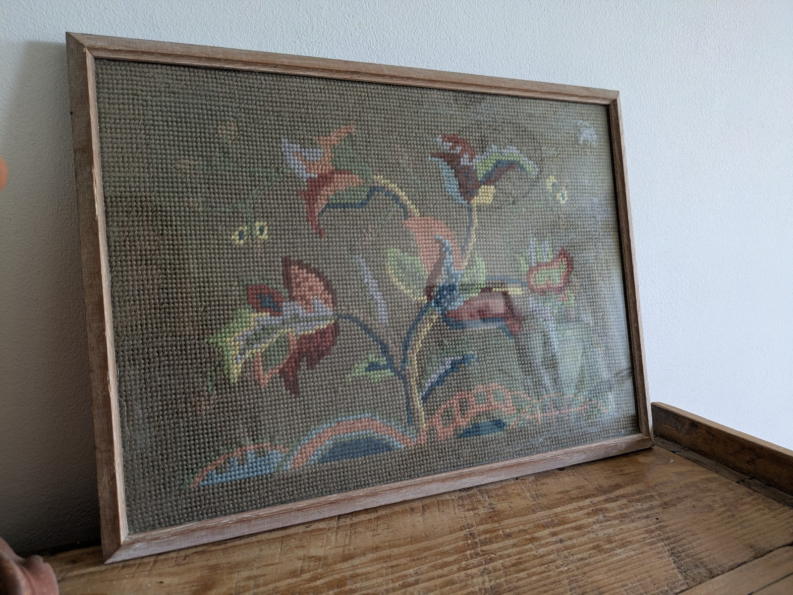 Vintage Antique Floral Tapestry Embroidery Cross Stitch Picture Framed Tree Life