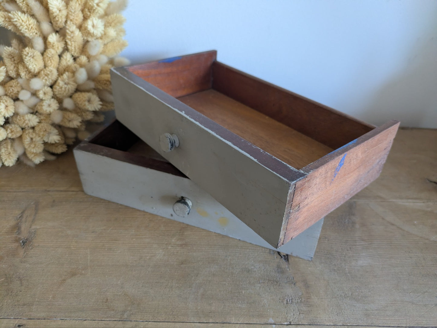 2x Vintage Wooden Engineering Boxes Drawers Apothecary Craft Display Tray Antiqu
