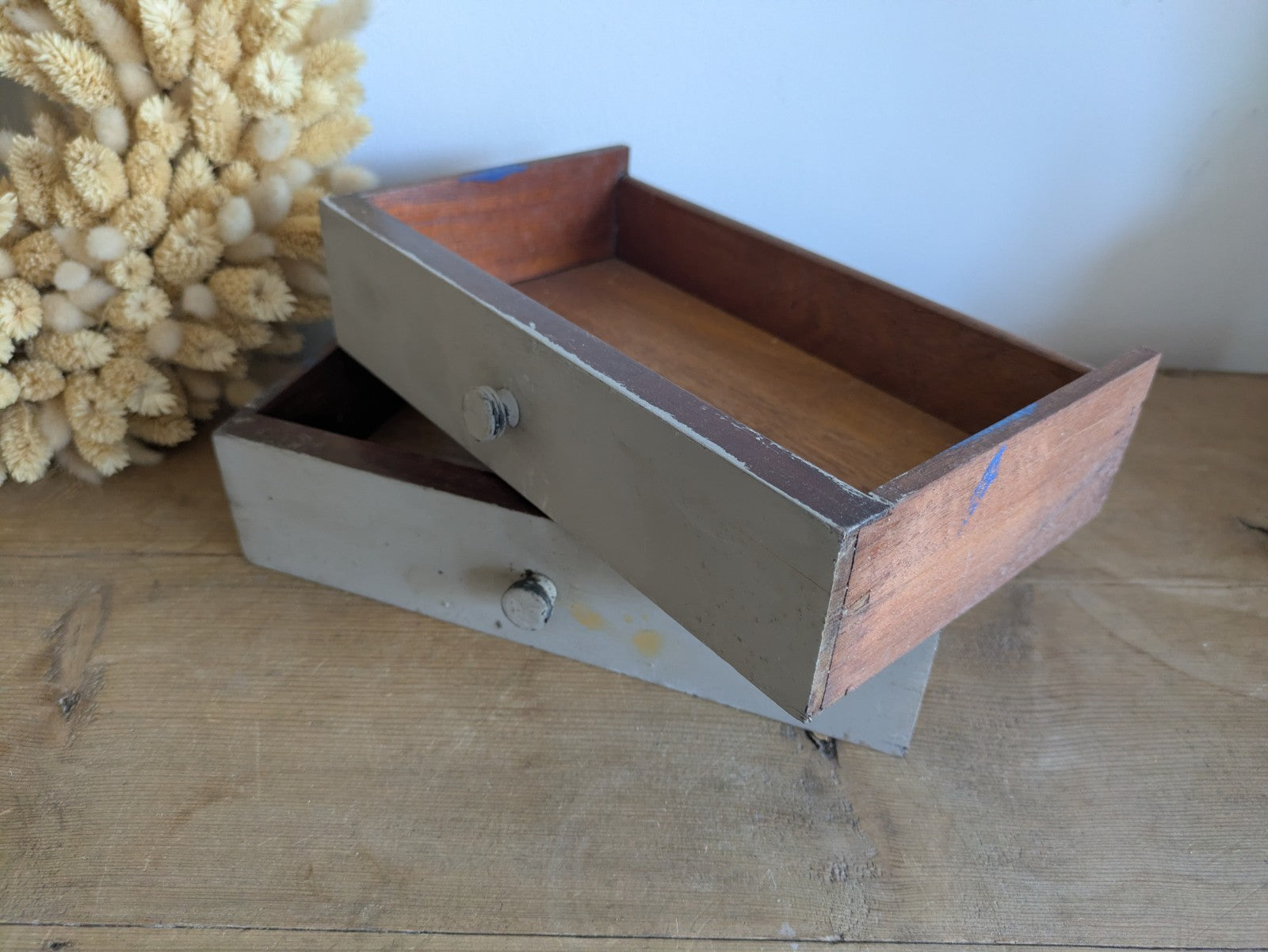 2x Vintage Wooden Engineering Boxes Drawers Apothecary Craft Display Tray Antiqu