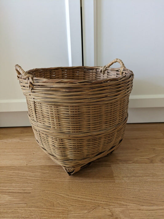 Vintage Asian Wicker Bushel Basket Handles Rattan Frame Storage Sturdy Bucket