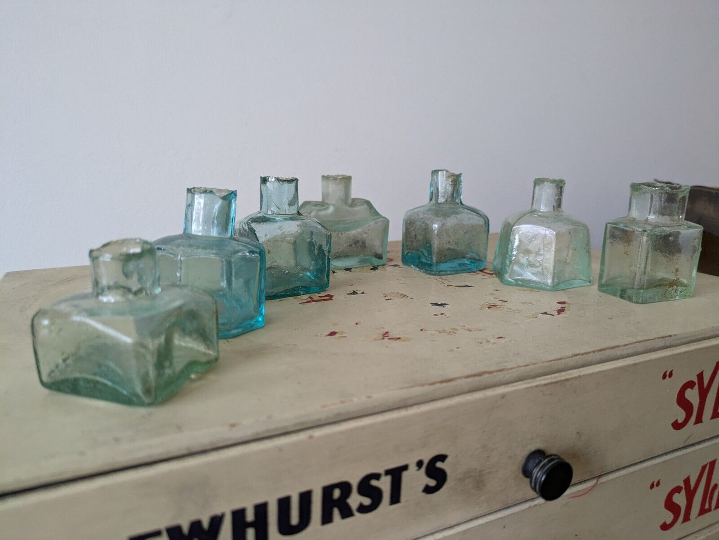 7x Antique Vintage Glass Bottles vase flower original apothecary ink old Square