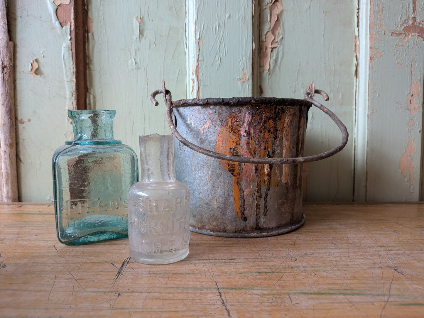 Small Mid 20thC Metal Paint Bucket Can Kettle Pail Planter Pot Prop Vtg Decor