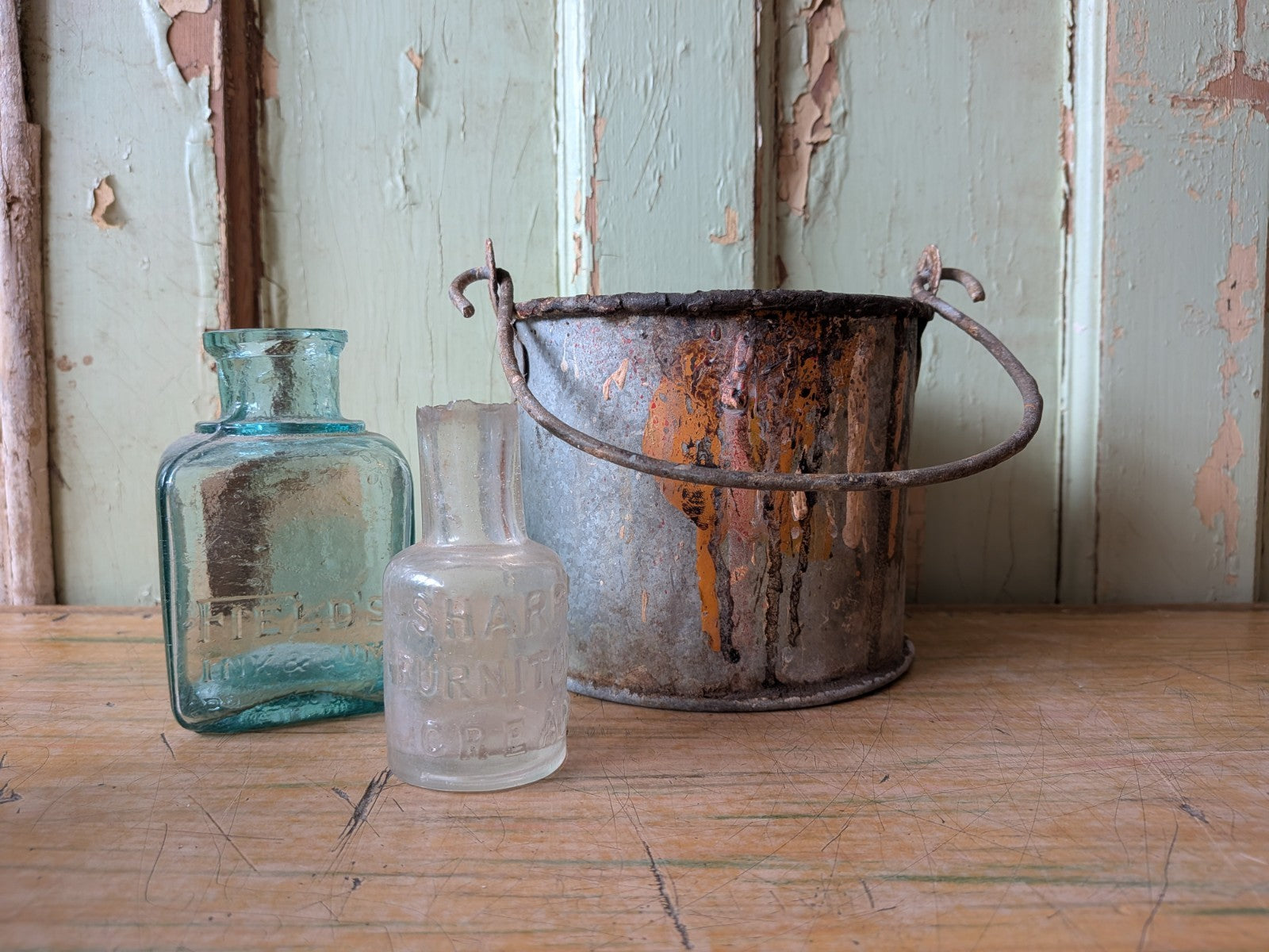 Small Mid 20thC Metal Paint Bucket Can Kettle Pail Planter Pot Prop Vtg Decor
