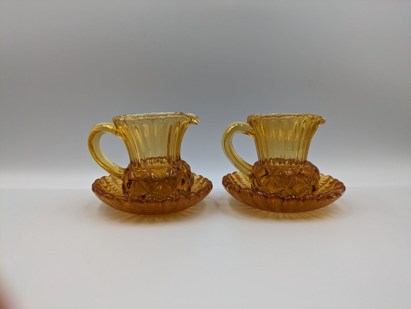 2x Vintage Amber Glass Thistle Shape Cream Milk Jug Toothpick Holder Saucer Rare