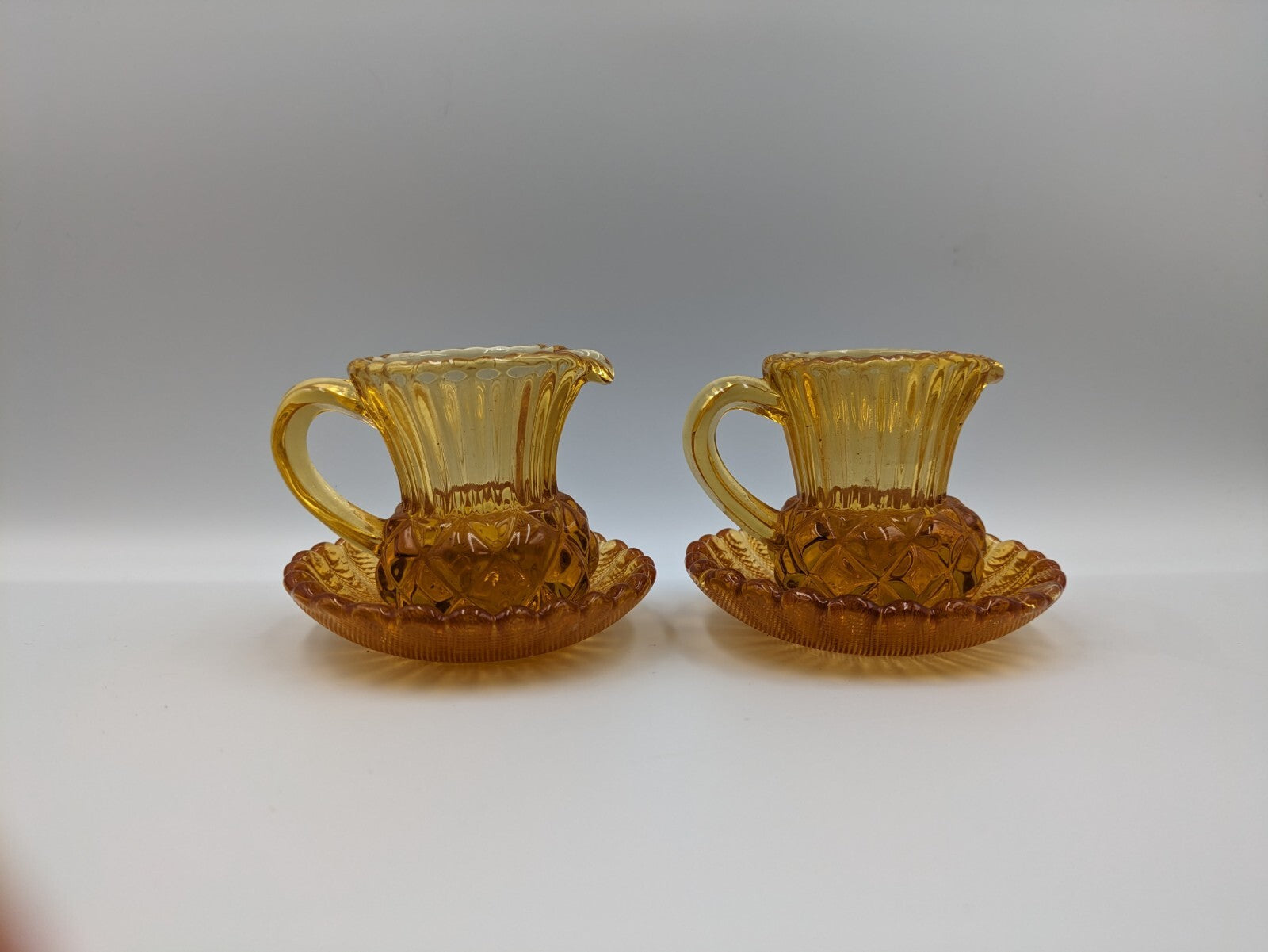 2x Vintage Amber Glass Thistle Shape Cream Milk Jug Toothpick Holder Saucer Rare