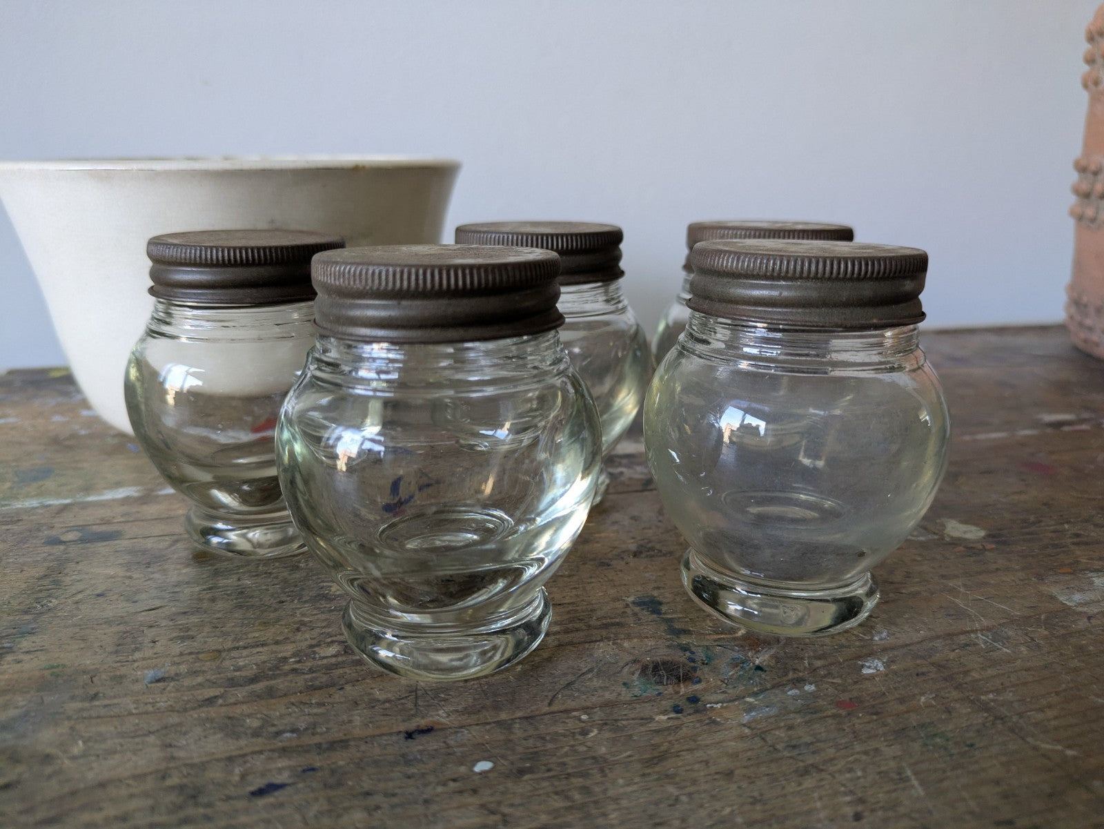 5x Rare Antique Bulb Thick Glass Round Shaped Bakers Cabinet Spice Jars Set VTG