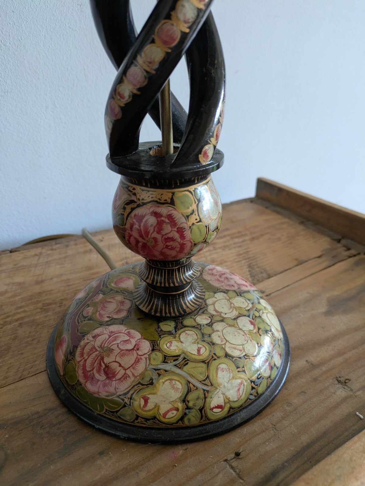 19th C Lamp Vintage Kashmiri Indian Lacquer Papier Mache Gilded Flower Cloisonne