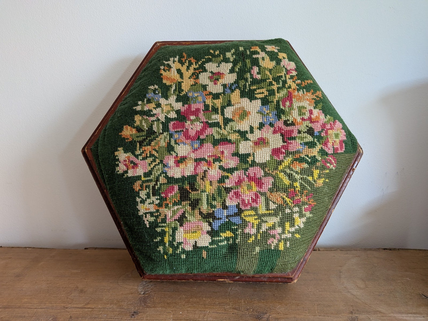 Vintage Hexagonal Footstool Embroidered Needlepoint Wood Floral Tapestry Stool