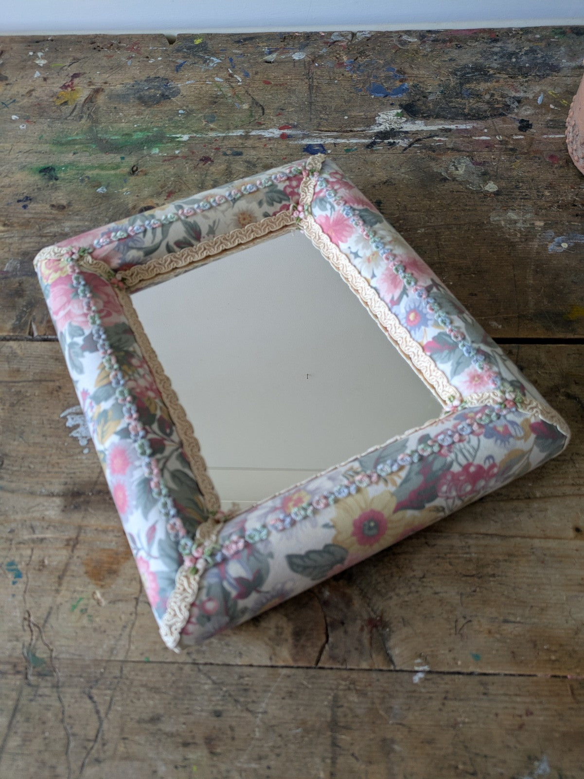 80s 90s Wall Mirror Fabric Floral Vintage Flowers Pink Rectangular Padded Chintz