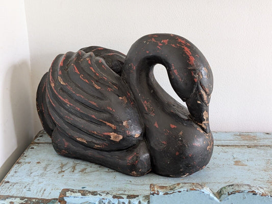 Carved Wood Swan Decoy Vintage Large Painted Solid Wood Black Decor Time Worn