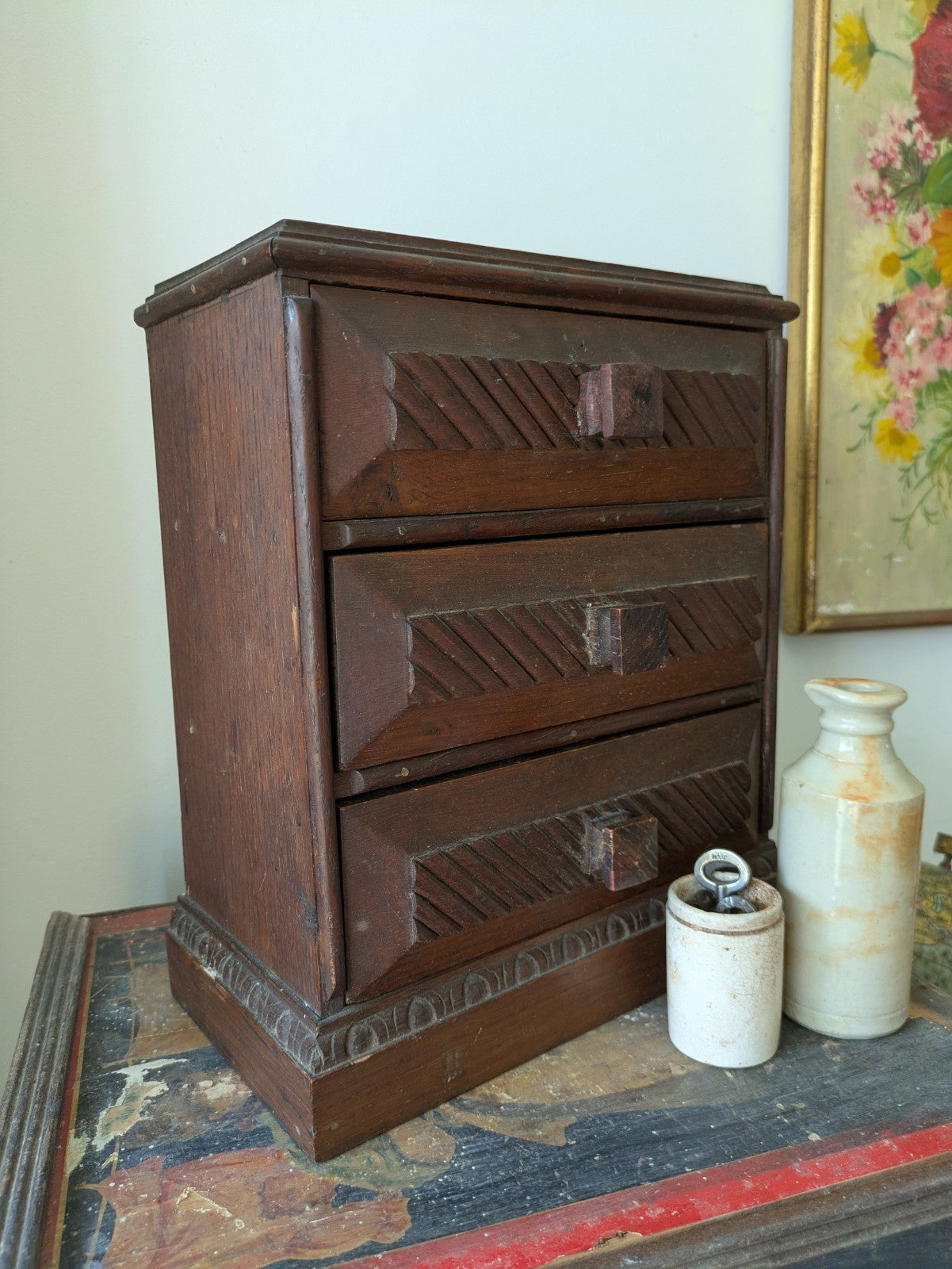 Antique 19th Century Three Drawer Table Top Drawers Carved Apprentice Art Deco 