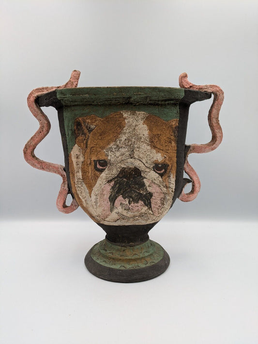 John Mullin Studio Bulldog Dog VASE Signed Contemporary Artist Stoneware Painted