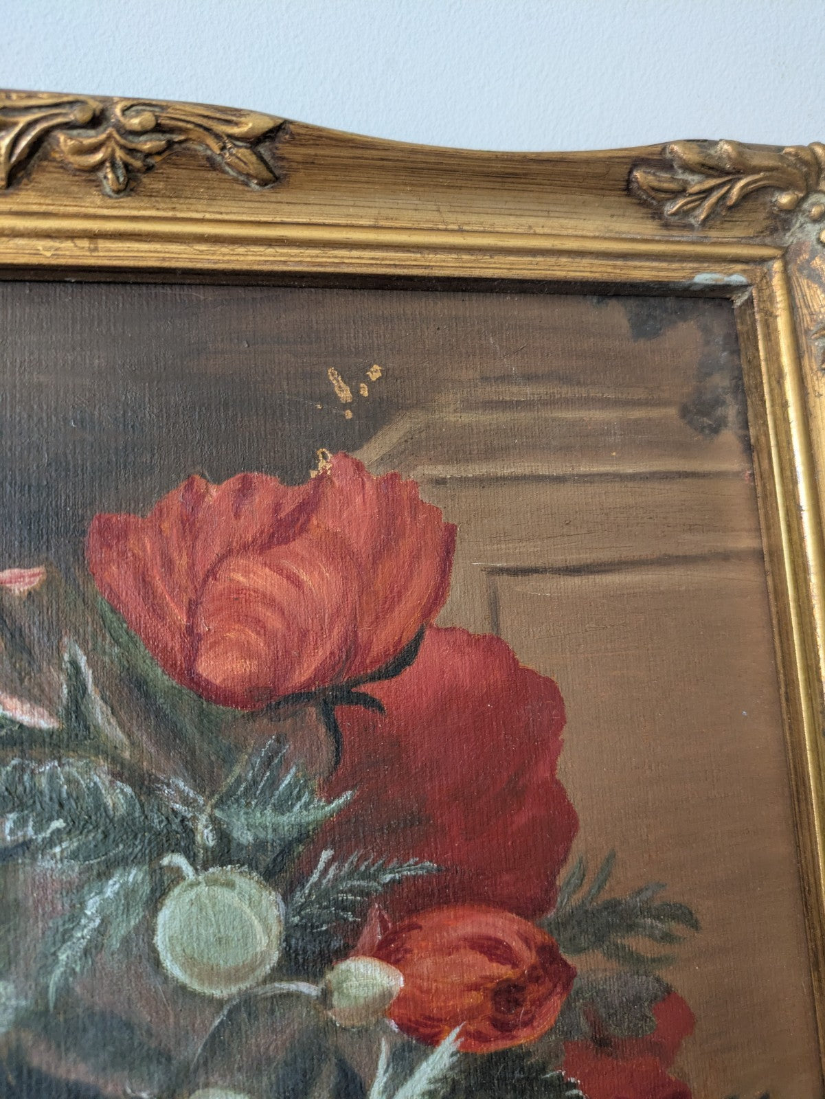 Vintage Still Life Painting Flowers Poppy Floral Bouquet Vase Red Framed Vgc Old