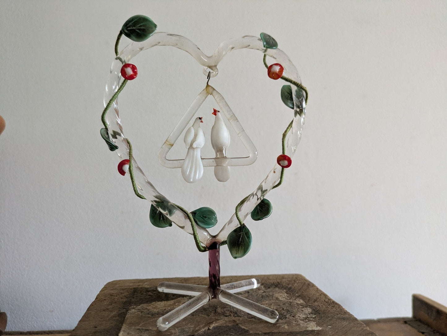 VTG Ornate Hand Blown Glass Wedding Cake Topper Heart Humming Birds Doves Leaves
