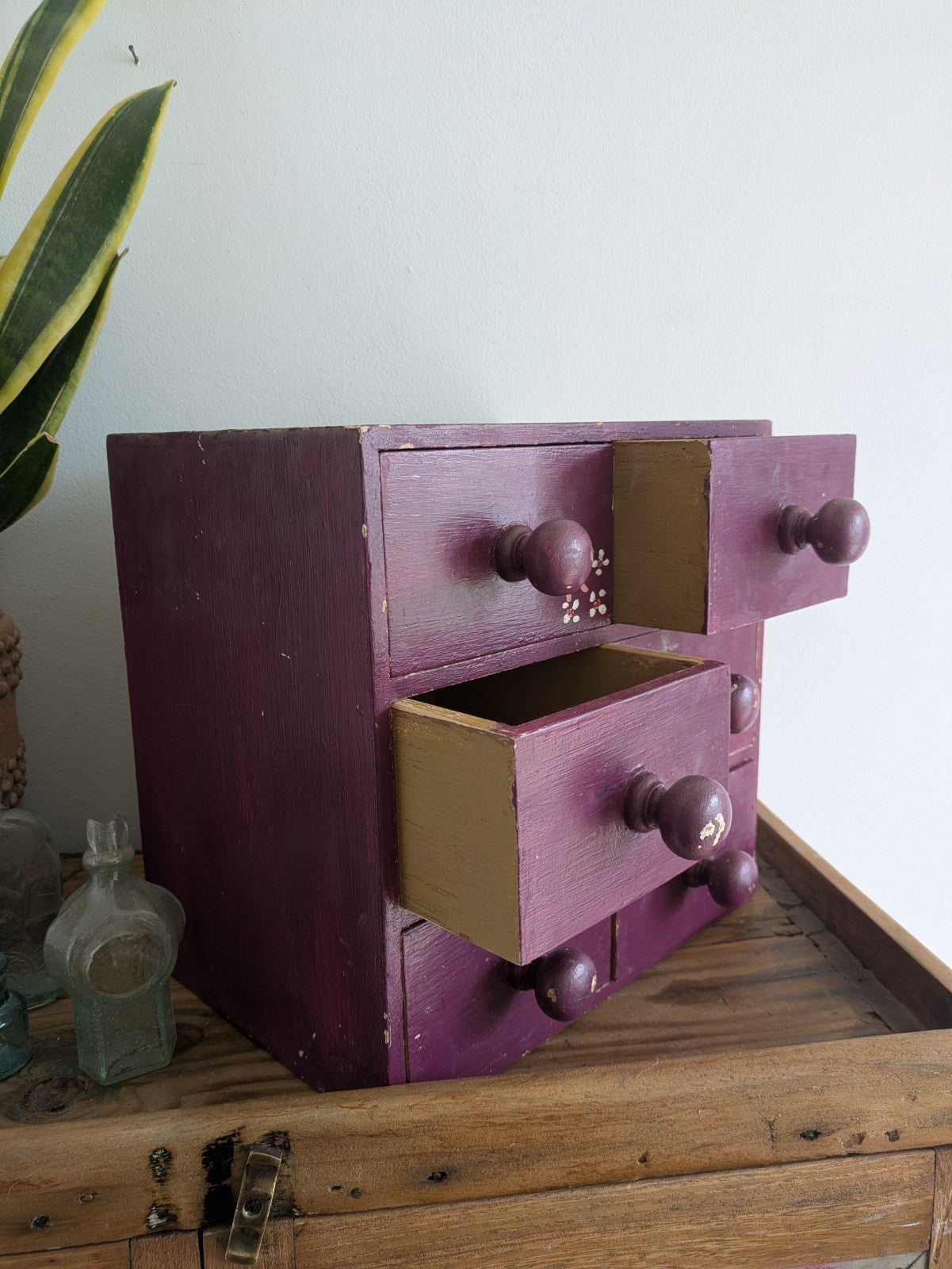 VTG Painted Drawer Office Craft Drawers Table Desk Top Index Work Sewing Purple