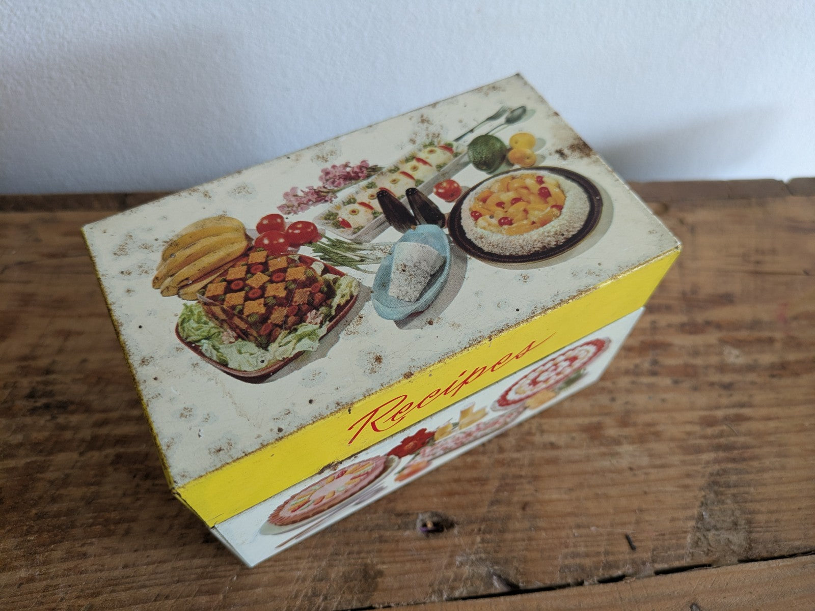 Vintage Recipes Tin small Box Mid Century Prop Kitchen Chef Gift Container Pot 