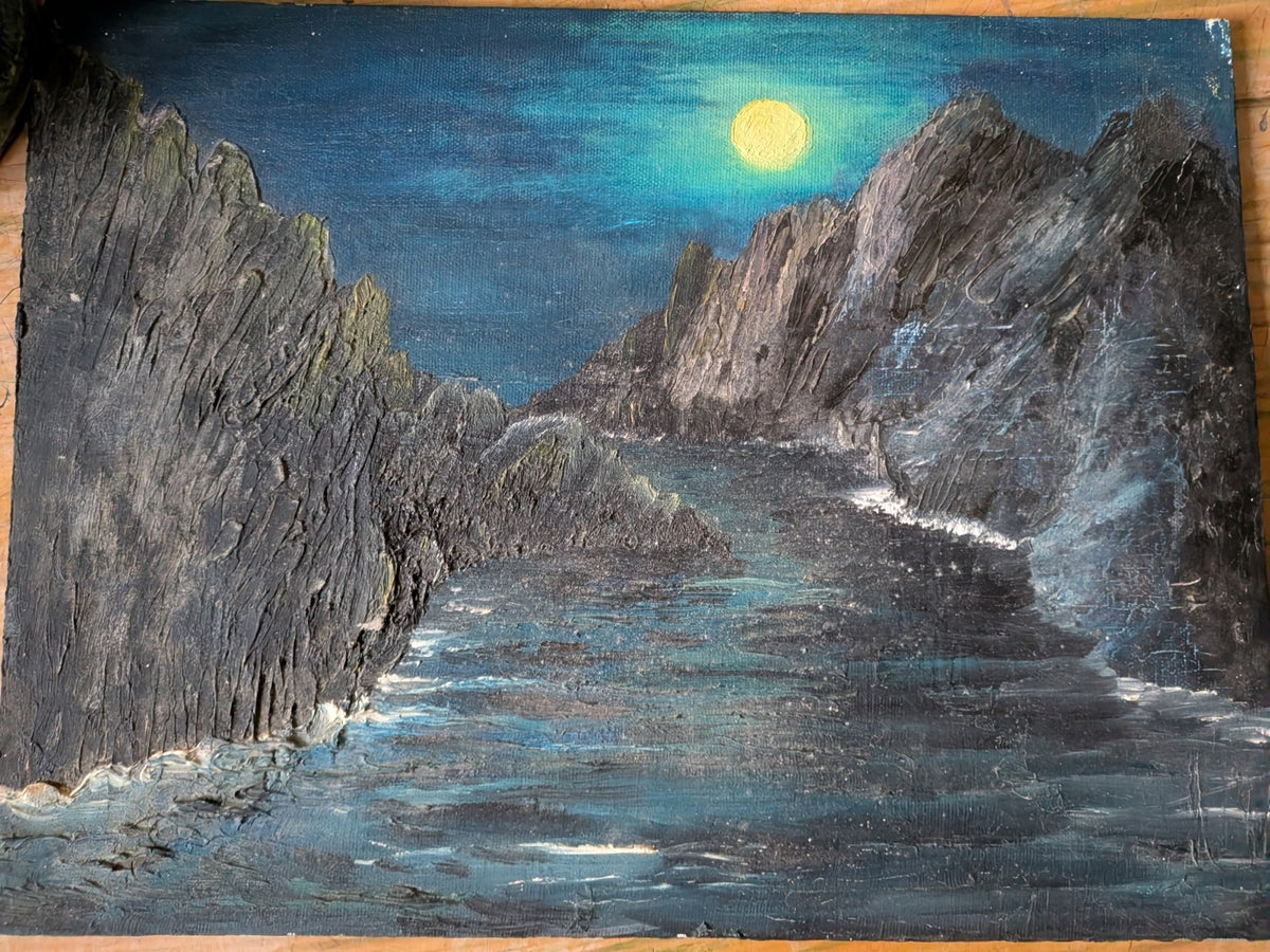 Vtg Painting Oil On Board Picture Landscape Seascape Moonlight Sea Shore Rocks 