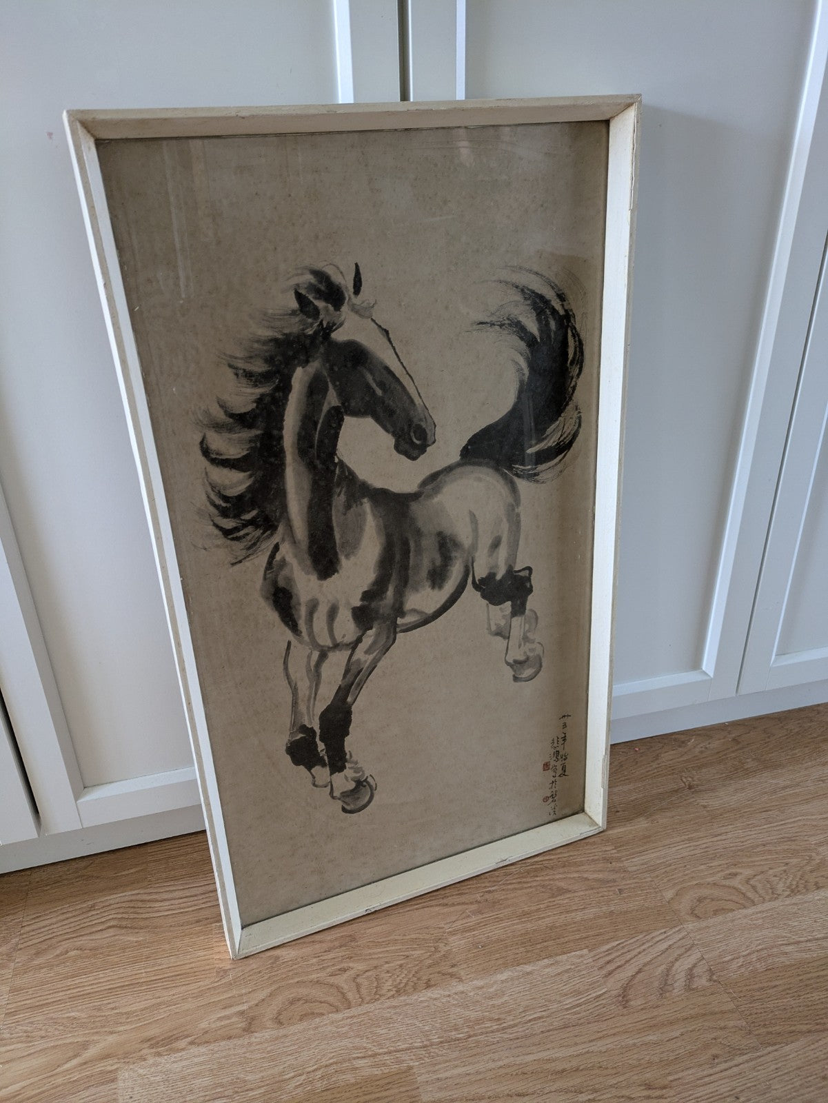 Mcm Large Vintage 1950s Framed Xu Beihong Print Chinese Galloping Horse Ink Old