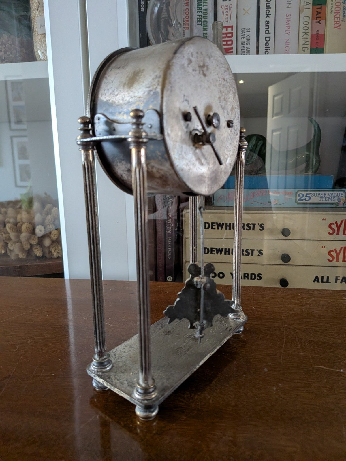 Antique French Portico Drumhead Mantel Clock Pendulum Silver-Plated VTG Art Deco