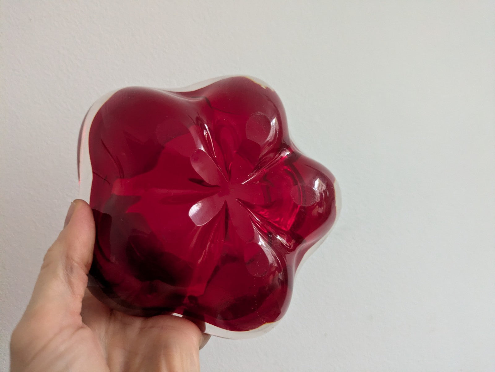 Whitefriars Ruby 5 Lobed Dish PatNo.9408 Flower Shape Cased Red Bowl Vtg Retro