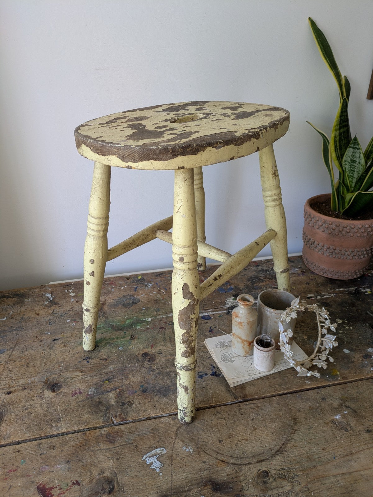 Vintage Victorian Kitchen Stool Wooden Seat Chippy Distressed Paint Yellow Wood