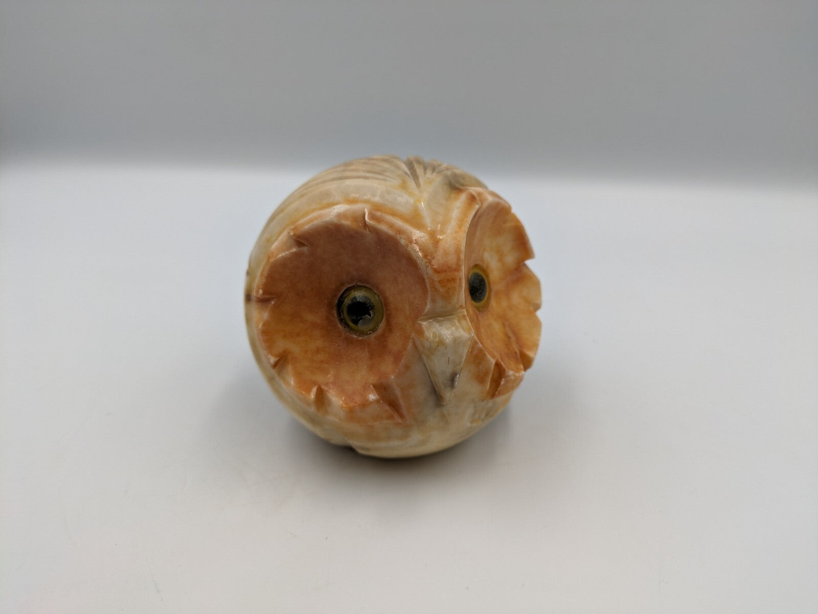 Vintage Retro Kitsch Alabaster Stone Owl Carved Yellow Glass Eyes Stone 7.5cm