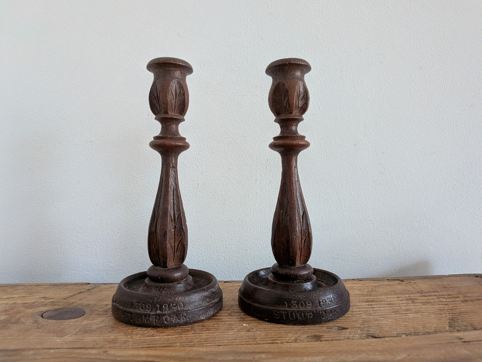 Vintage Antique Stump Oak Candlestick Holders Pair Hand Carved Candle 1930s Deco