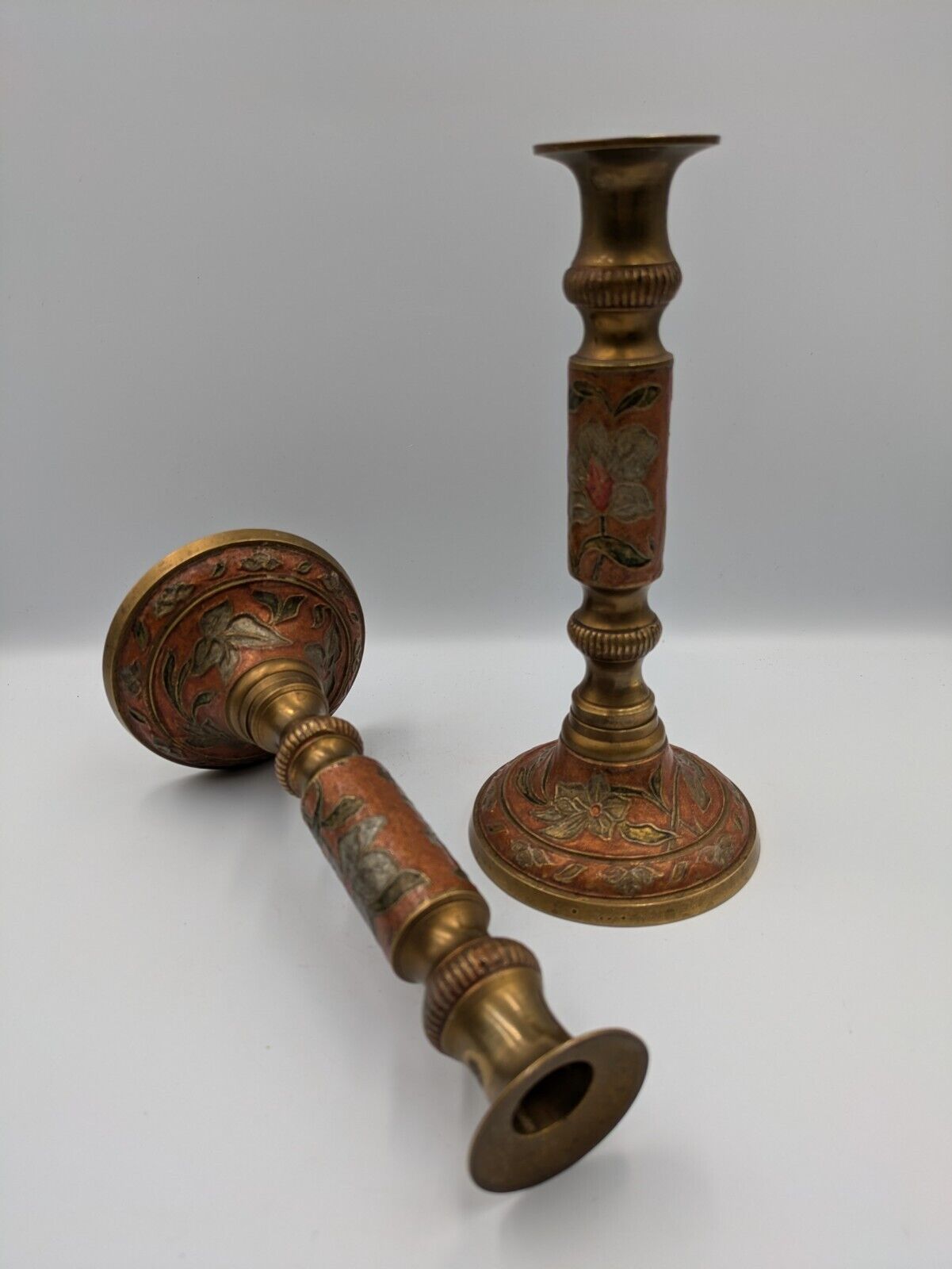 Pair Of Vintage Cloisonne Brass Candle Holder Enameled Brass Red & Blue Floral