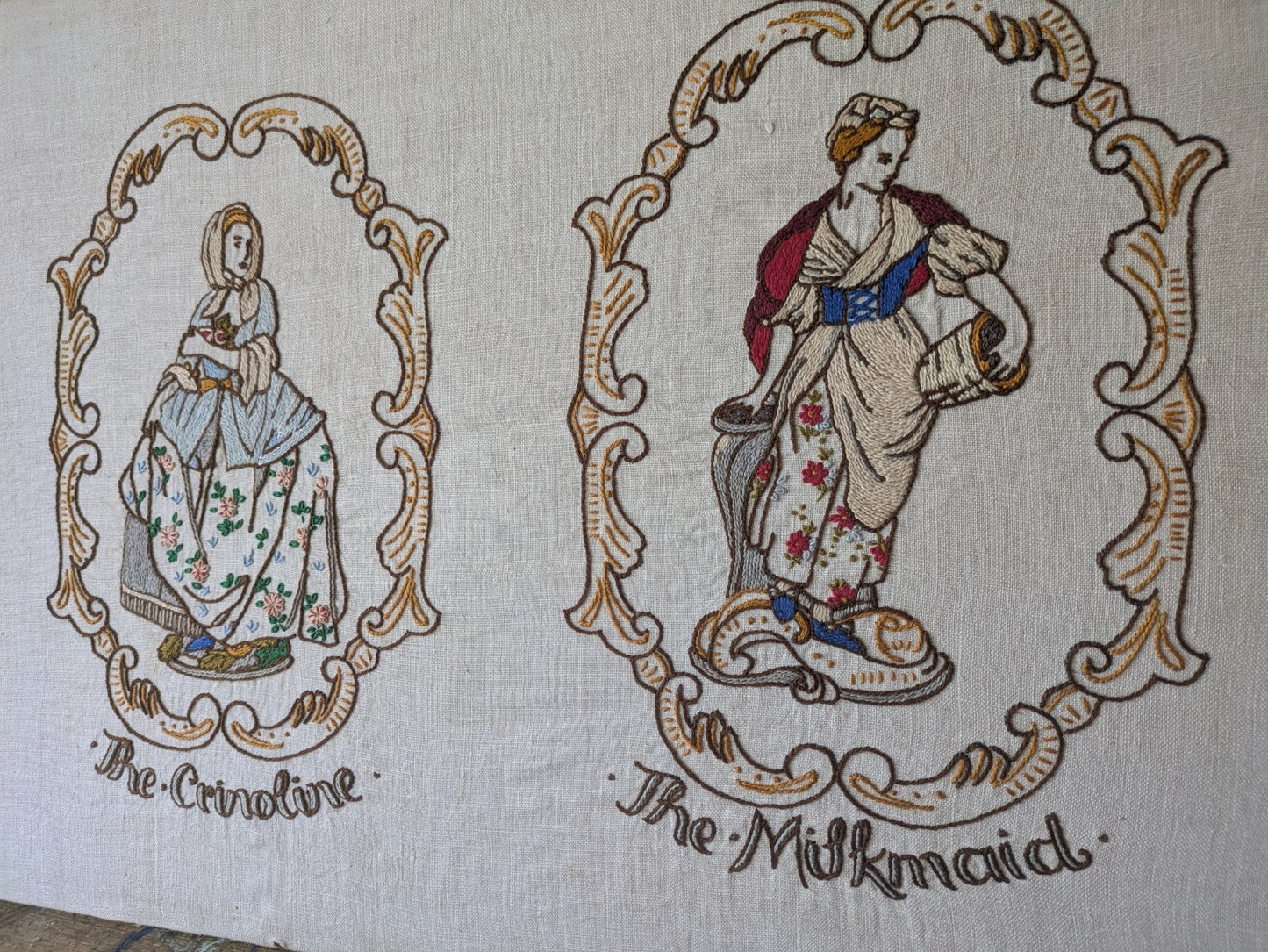 Vintage Antique Hand Embroidered Pictures of Crinoline Lady, Goatherd, Milkmaid