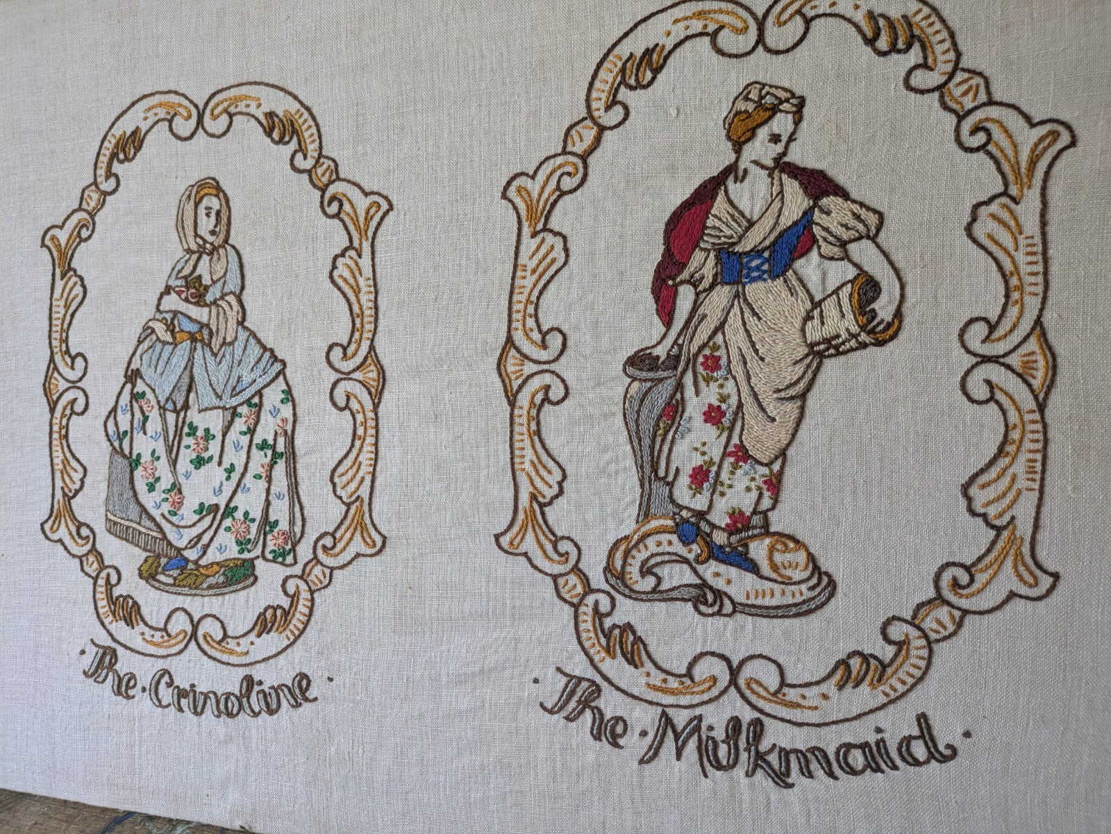 Vintage Antique Hand Embroidered Pictures of Crinoline Lady, Goatherd, Milkmaid