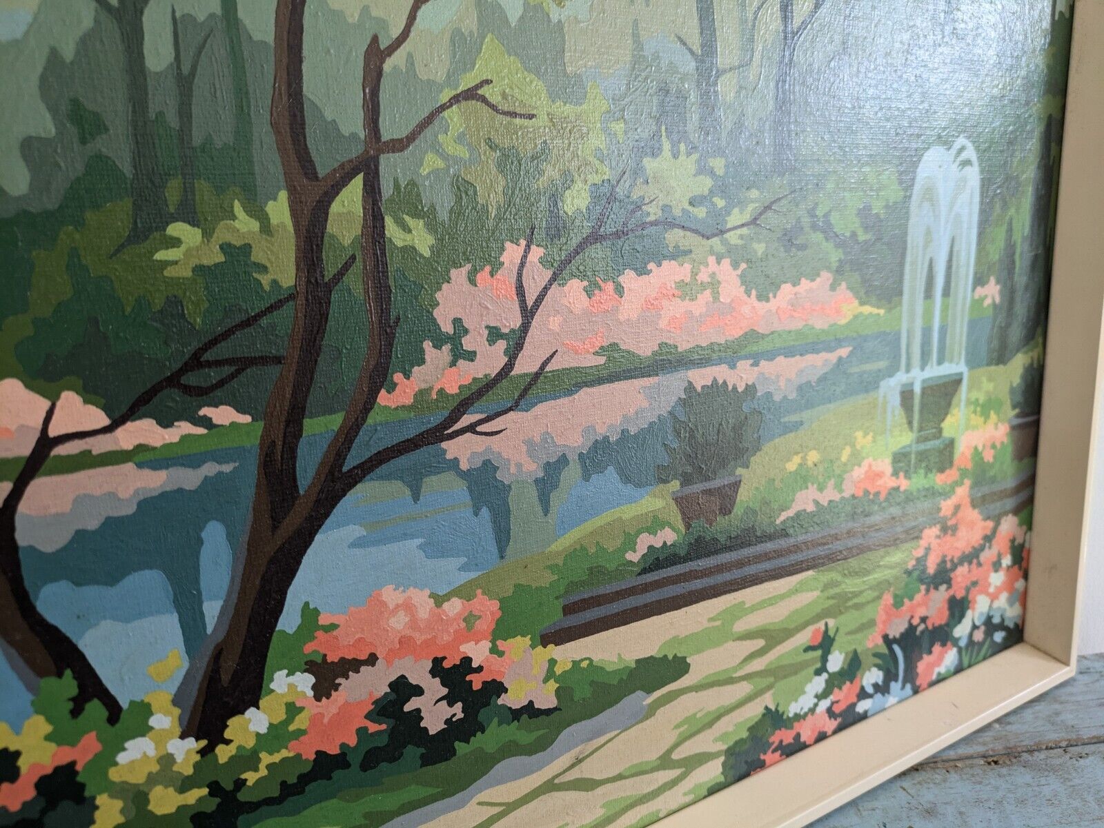 Vintage Framed Paint by Number PBN Fountain Park Scenic Nature Gardens Stream