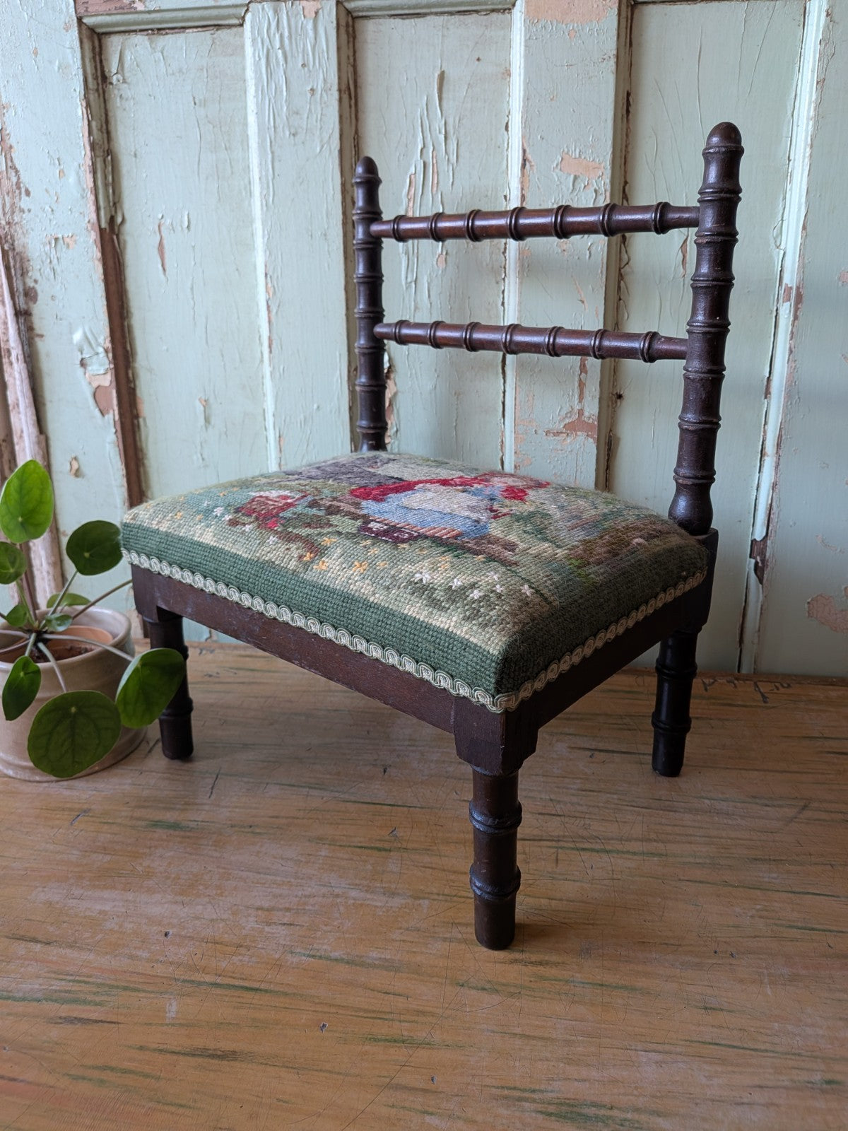Antique Bobbin Faux Bamboo Childs Chair Apprentice Tapestry Seat Red Riding Hood