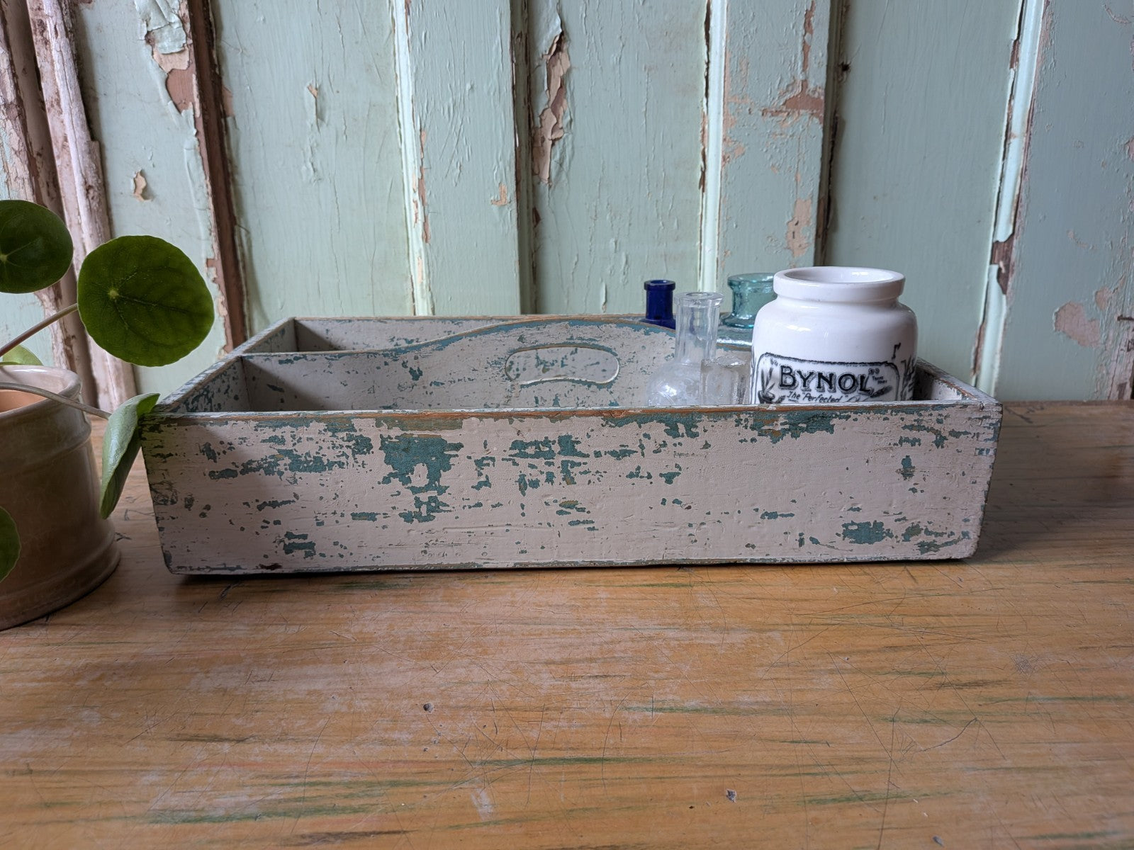 Vtg Distressed Paint Antique Wooden Cutlery Tray Box Kitchen Trug Sectional Prop