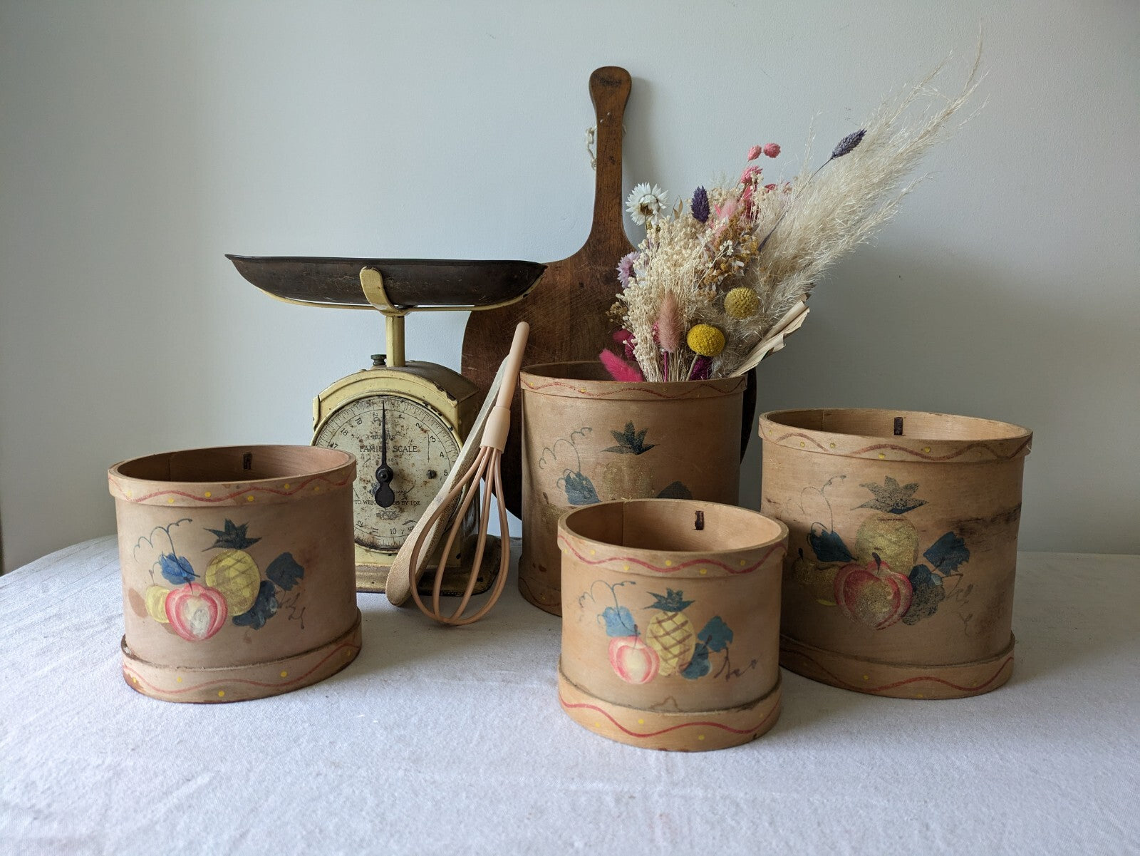 Vtg Canister Set Fruit Wood Rustic Farm House Utensil Decor Bentwood Rare Pots