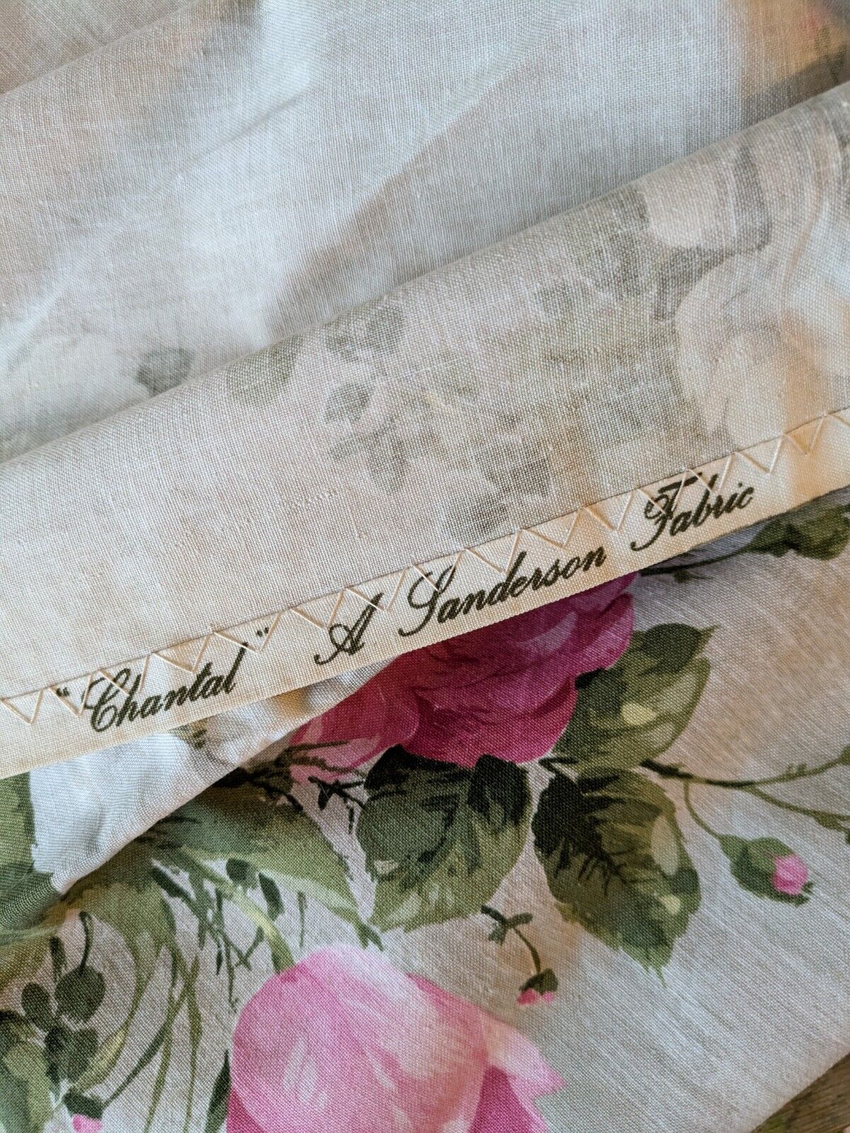 Vtg SANDERSON Pink rose Floral Curtains Shabby Chic W108cm D162cm fabric Grey