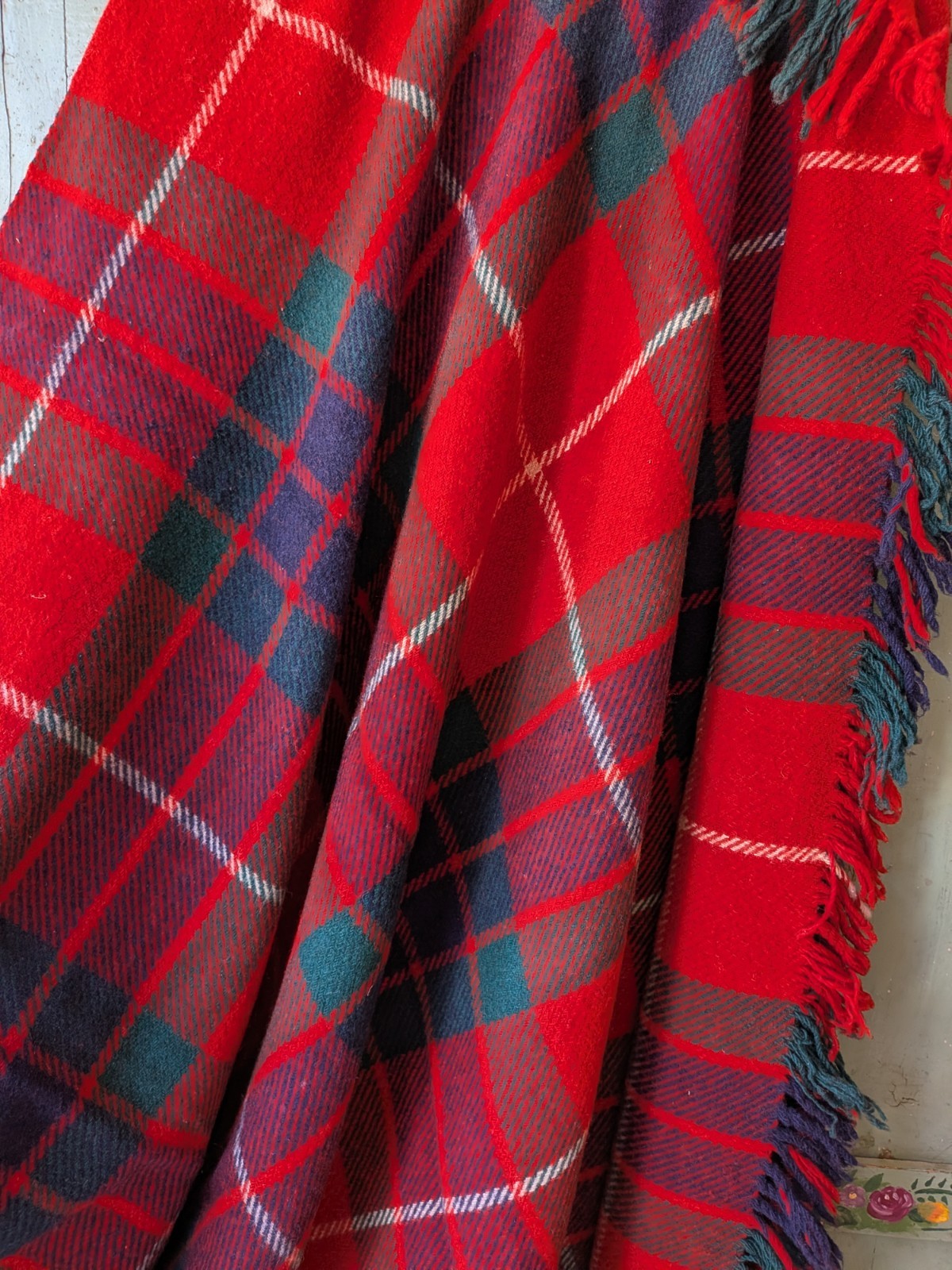 Red/Green All Wool Tartan Fringed Vintage Blanket 'The Clan' Rug Retro Scottish 