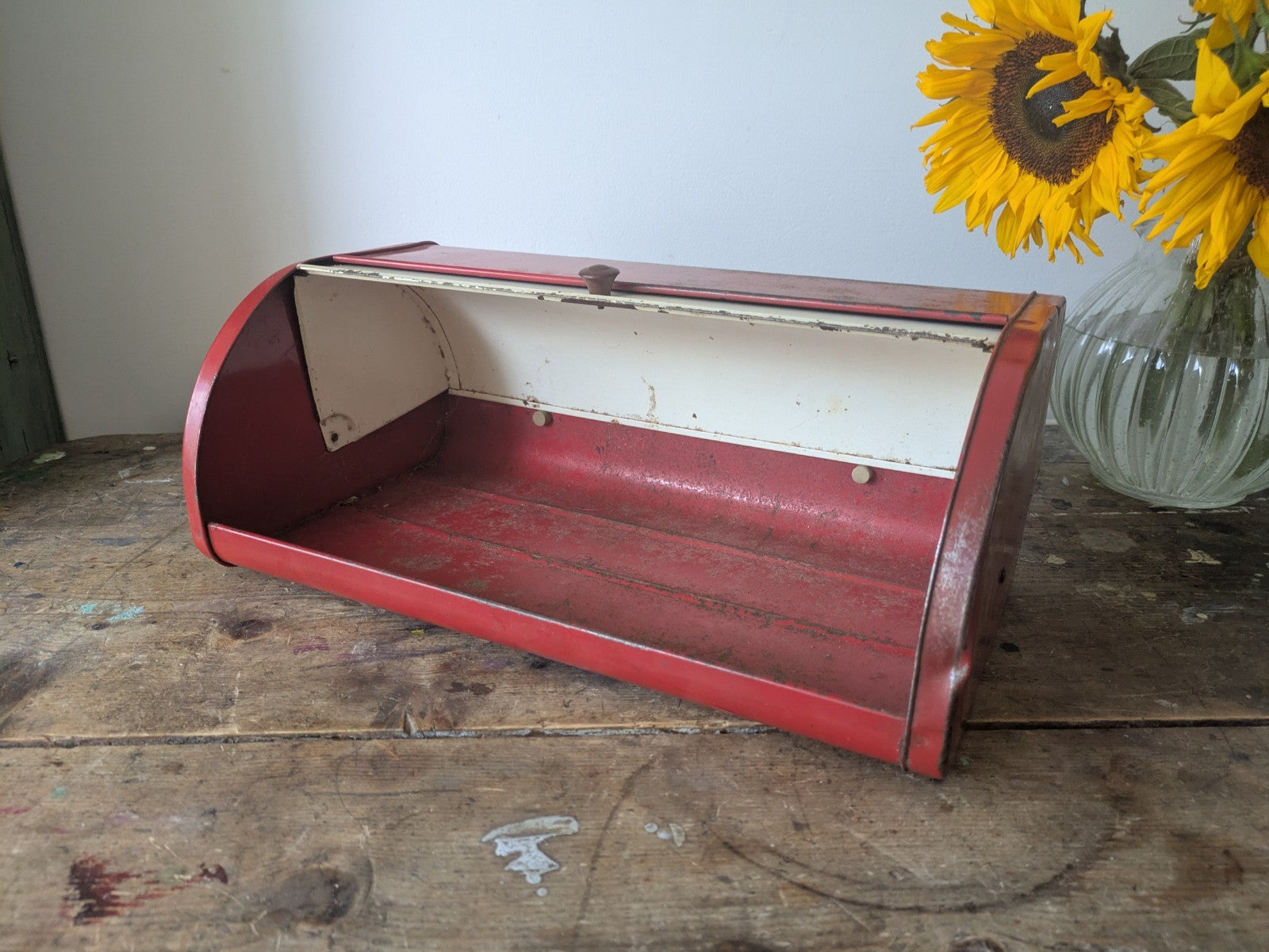 Vintage Red Cream Bread Bin Roll Top Metal Kitchen Storage Retro England Prop