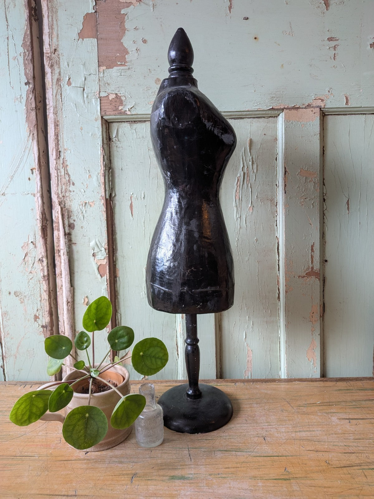 Vintage Miniature Female Black Mannequin Torso Full Body Dress Form with Stand