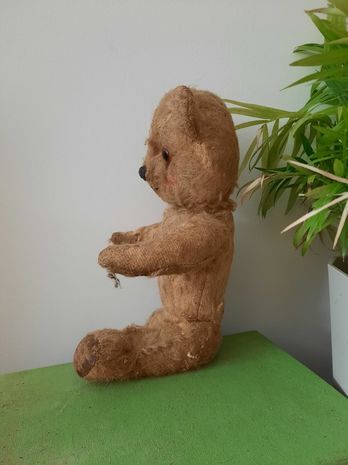 Antique Small Jointed Old Mohair Teddy Bear straw stuffed vintage RARE worn toy