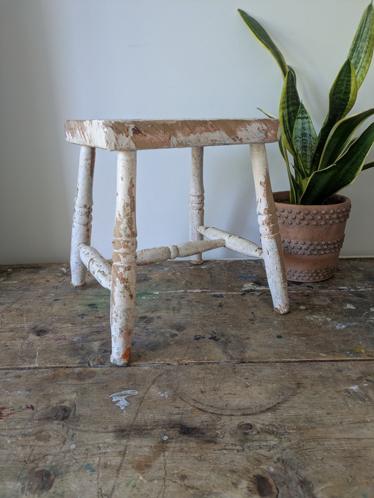 Victorian Antique Foot Stool Chippy Paint original seat chair Vtg Milking Step