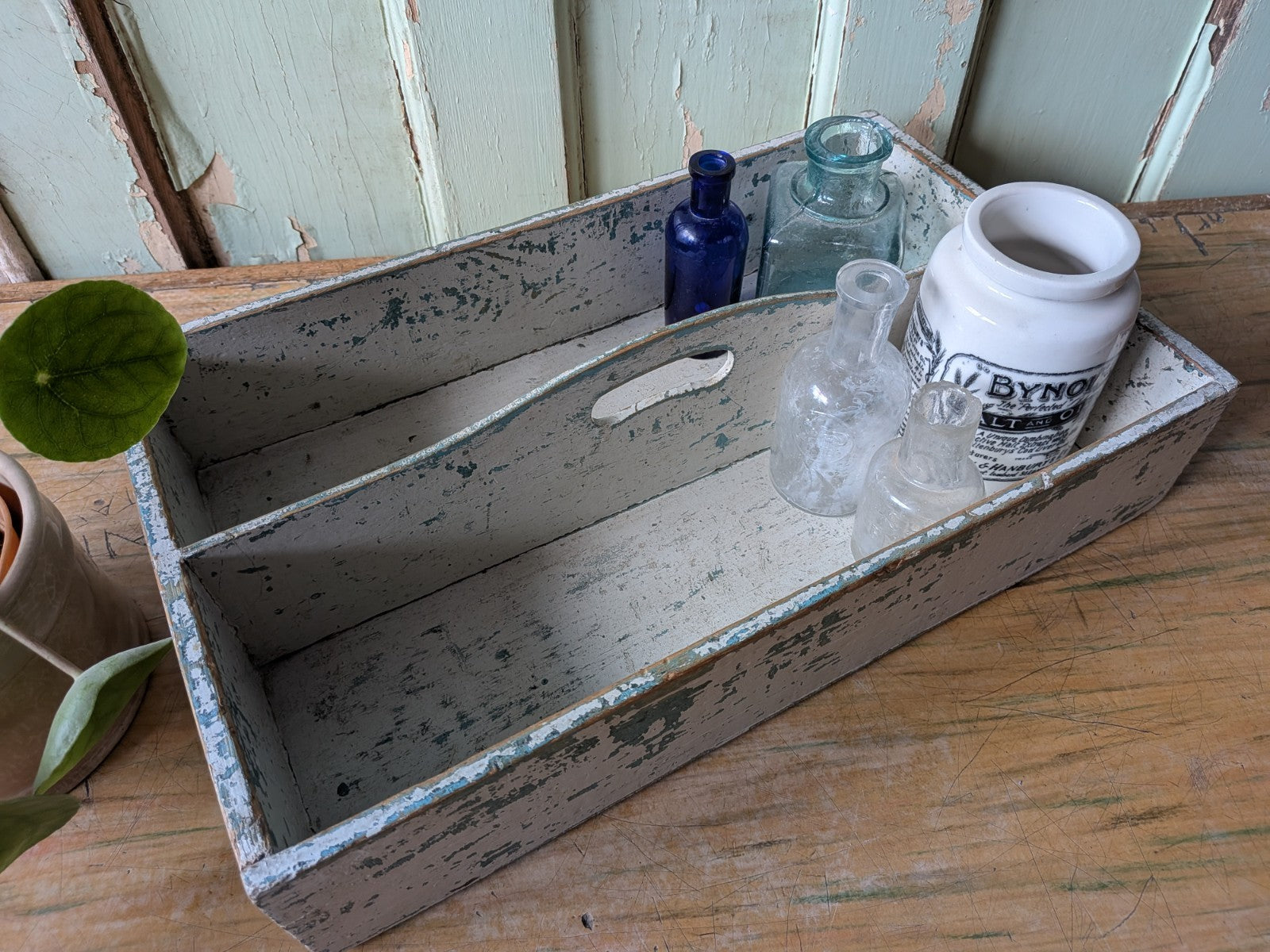Vtg Distressed Paint Antique Wooden Cutlery Tray Box Kitchen Trug Sectional Prop