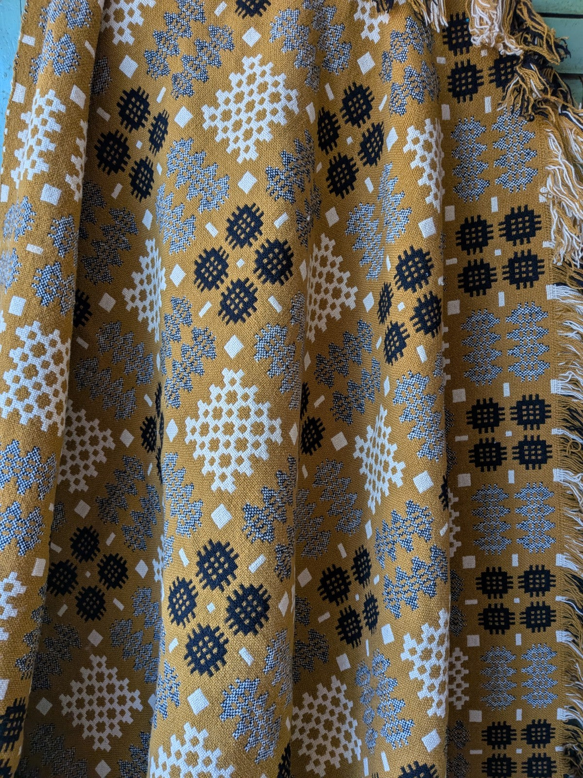 Rare VTG Welsh Wool Blanket Tapestry Black White Reversible Throw Mustard Yellow
