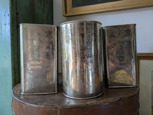 Vintage Canister Set Finest Quality Cuban Sugar, Coffee, Fine Teas Silver Metal
