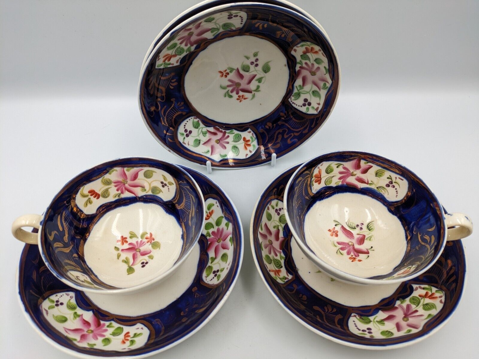 ANTIQUE Mid 1800’s ENGLISH GAUDY WELSH TEA CUPS SAUCERS DUOS COBALT BLUE COPPER 