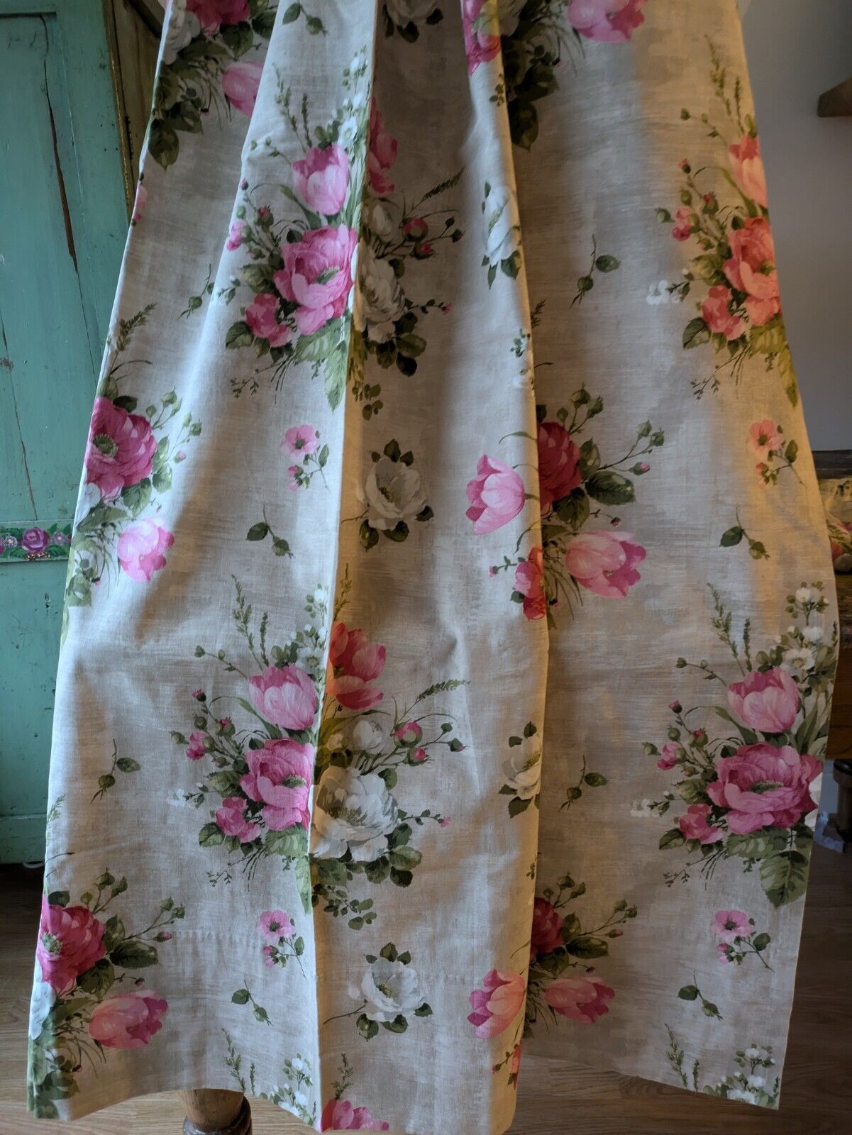 Vtg SANDERSON Pink rose Floral Curtains Shabby Chic W108cm D162cm fabric Grey