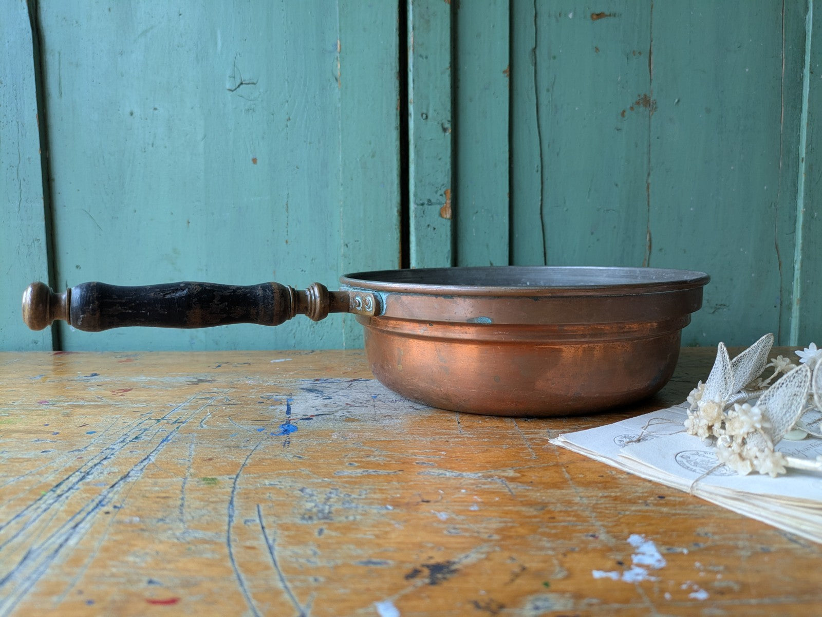 Antique Rare Vintage Nader Copper Pan with Tinned Lining & Wooden Handle Frying