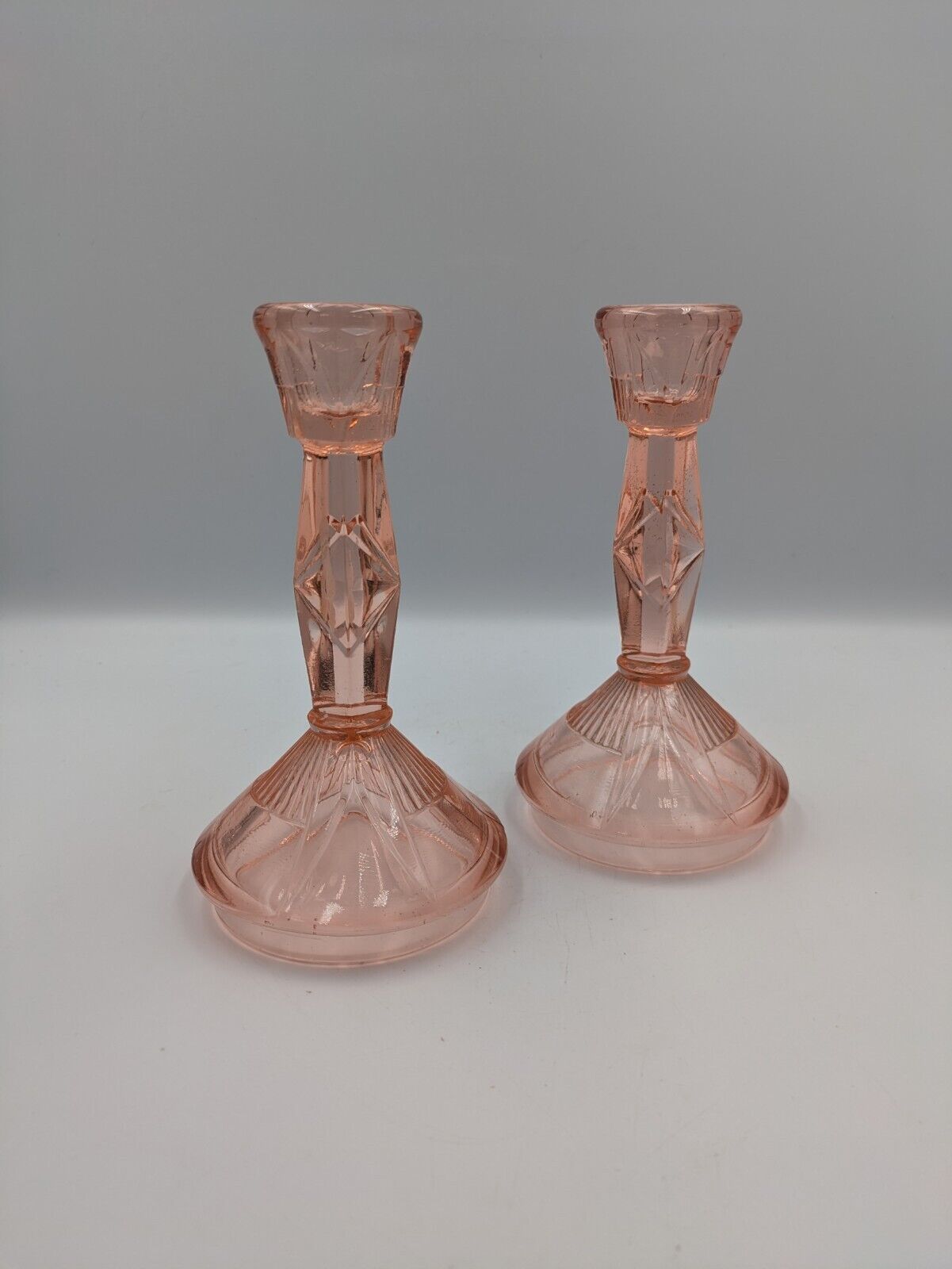 PAIR ART DECO VINTAGE GLASS DEPRESSION PINK GLASS CANDLESTICKS WALTHER VANITY 