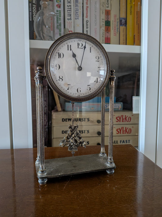 Antique French Portico Drumhead Mantel Clock Pendulum Silver-Plated VTG Art Deco