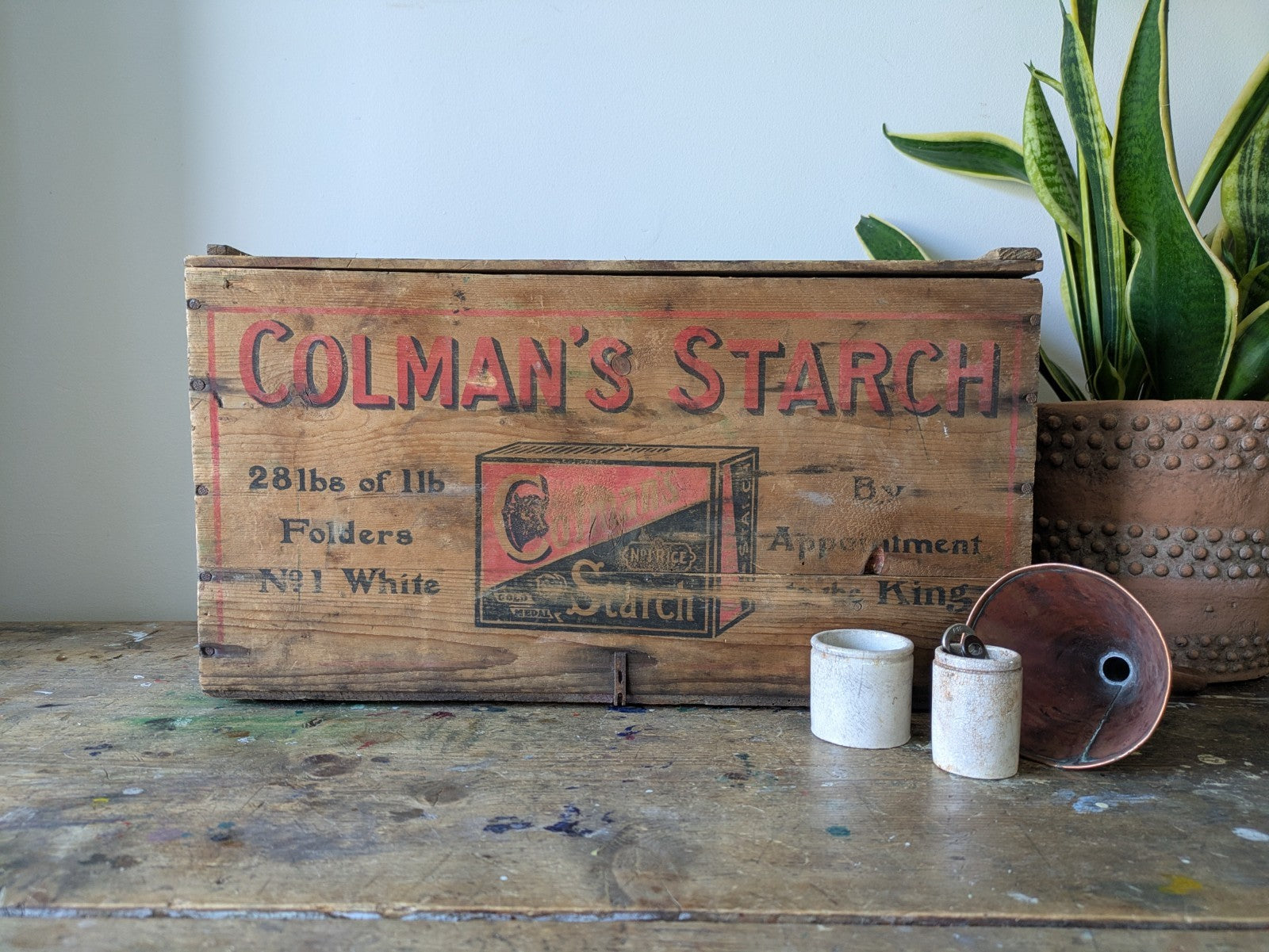 Antique Colmans Starch Printed Wooden Crate Original Large Vintage Advertising 